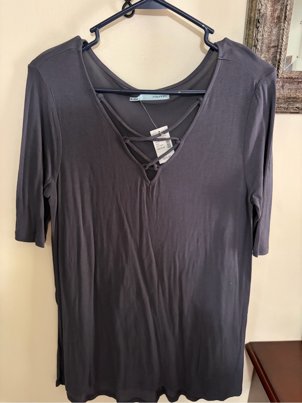 Maurices Charcoal Gray Crisscross V-Neck Short Sleeve Top